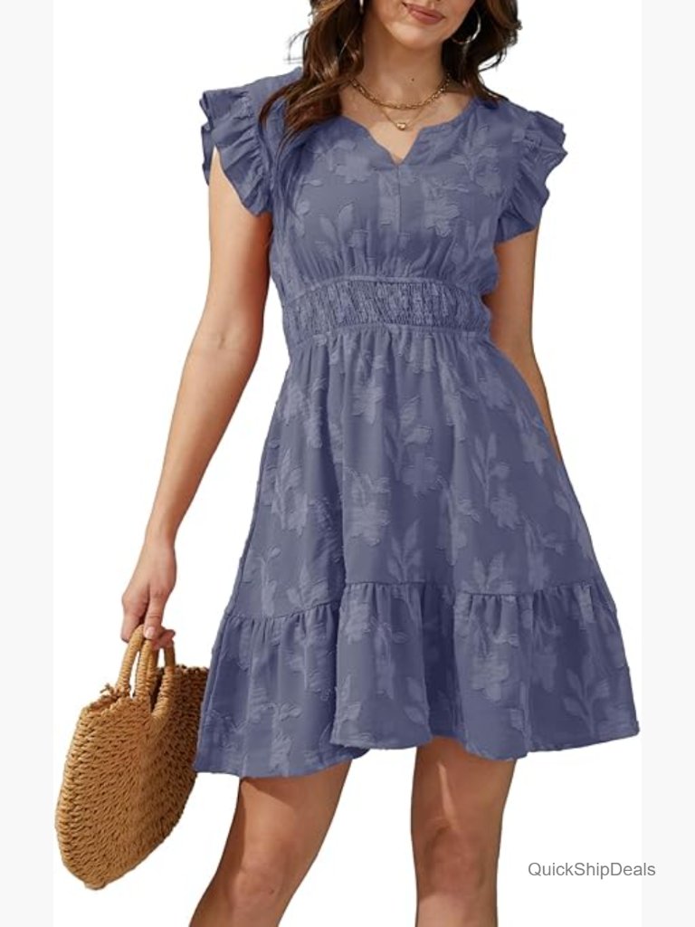 Ruffle Sleeve Layered Boho Floral Dress Above Knee Pockets Elastic Waist
